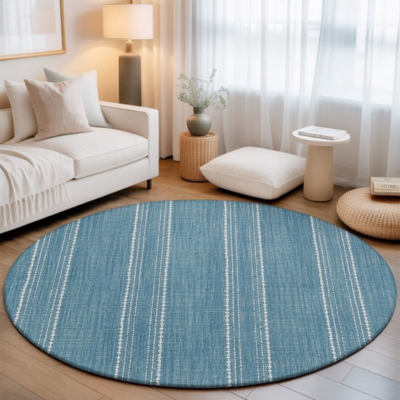 Slate Blue Striped Small Round Rug 3Ft Coastal Grandma Farmhouse Rustic Linen Texture Area Rugs Washable Non Slip Indoor Floor Mats Circle Carpet for Living Room Bedroom Dining Room Home Decor