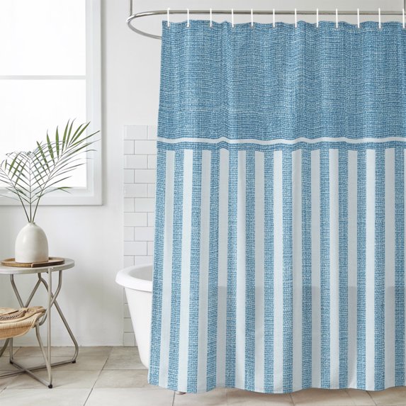Slate Blue Striped Standard Shower Curtain Set,Waterproof Shower Curtains for Bathroom,Boho Stripes Minimalist Linen Texture Washable Fabric Bath Curtain for Bathtub with Hooks 72x72 Inches