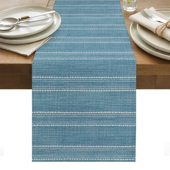 Slate Blue Striped Table Runner, Coastal Grandma Farmhouse Rustic Linen Texture Washable Kitchen Table Runners Dress Scarves for Dining Table Decorations Party/Restaurant/Indoor Outdoor Use, 13x36in