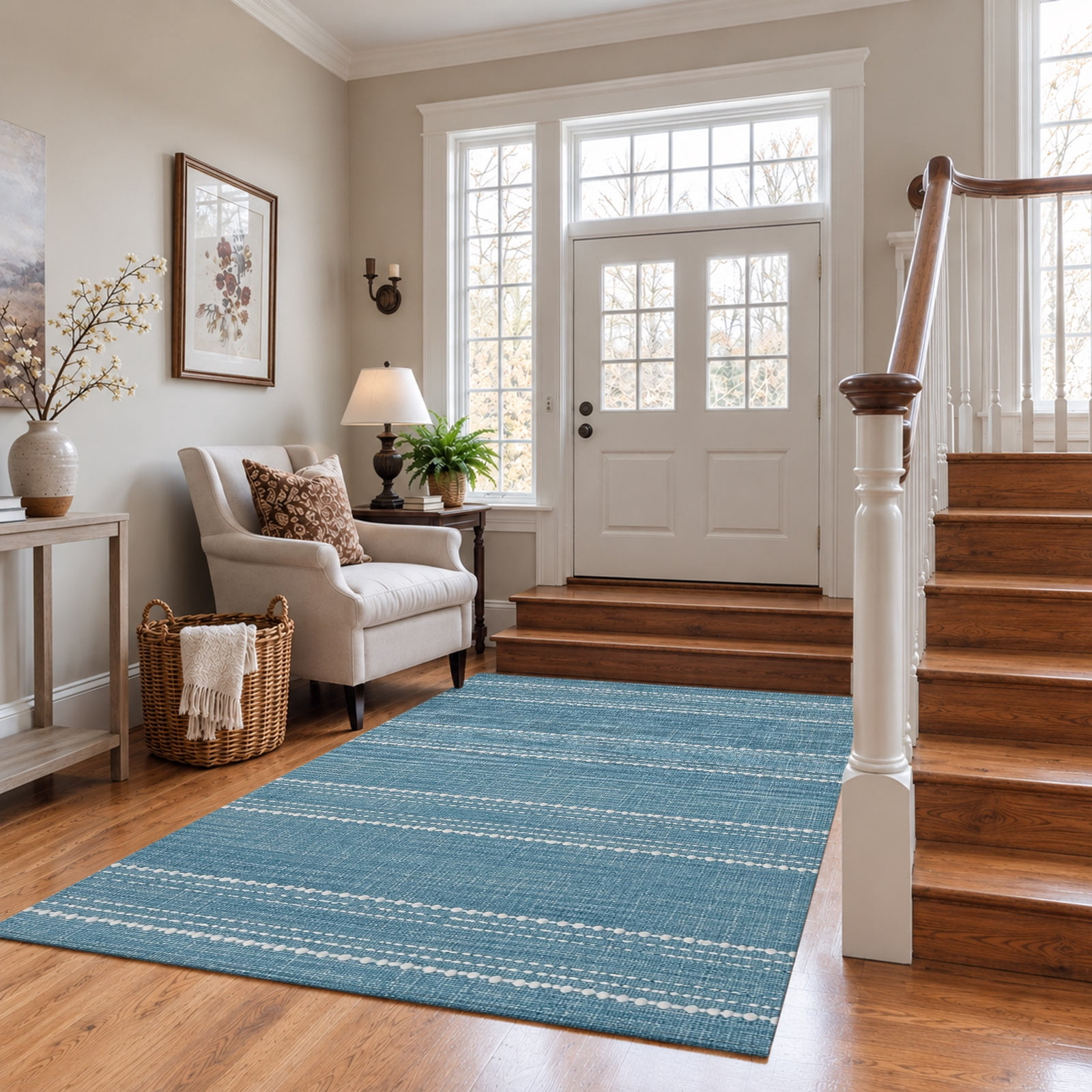 Slate Blue Striped Washable Area Rug 4'x6', Coastal Grandma Farmhouse ...
