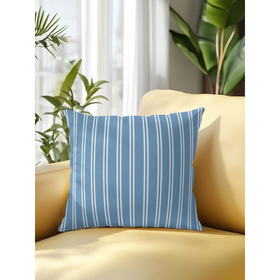Slate Blue White Stripes Outdoor Throw Pillows with Inserts, Modern Blue Verticals Lines 16”x16” Set of 1 Waterproof Decorative Patio Throw Pillow Inserts for Patio Furniture Bench