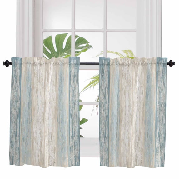 Slate Blue Wooden Bathroom Window Curtain, Farmhouse Brown Vintage Distressed Light Filtering Coffee Kitchen Curtains, Bedroom Living Room Curtains 2 Panel 84"x45"