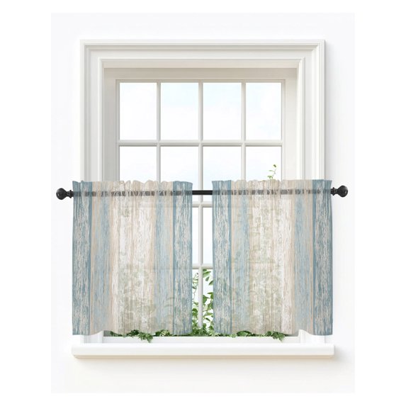 Slate Blue Wooden Tier Curtains 36 Inch Length,Sheer Curtains for Bedroom Living Room Window Farmhouse Brown Vintage Distressed Rod Pocket Drapes Kitchen Curtains Small Half Window 27.5"x36" 2 Panels