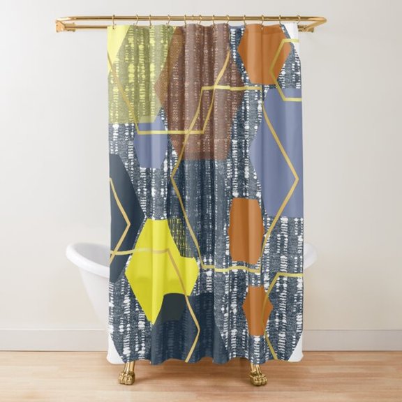Slate Blue and Mustard Geometric Polygon Shower Curtain, 100% Polyester, Angular Textured Bathroom Decor