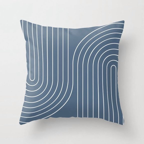 Slate Blue and White Curved Line Polyester Velvet Throw Pillow Cover for Bedroom, No Insert