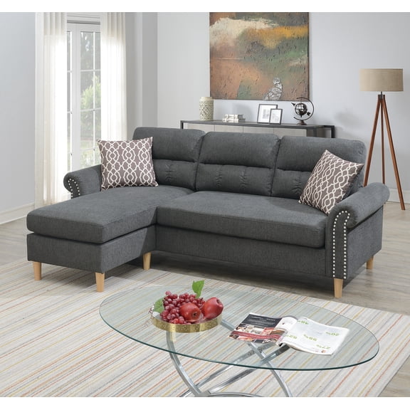 Slate Color Polyfiber Reversible Sectional Sofa Set Chaise Pillows Plush Cushion Couch Nailheads