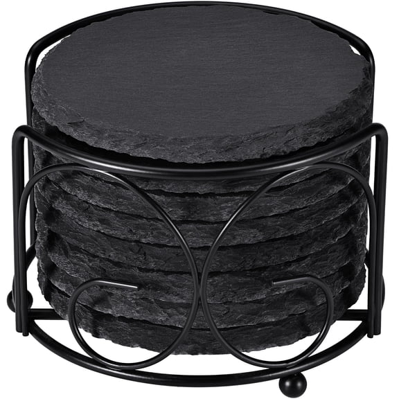 Slate Drink Coasters with Metal Holder, GOH DODD of 8 Black Coasters, 4 Inch Stone Coaster Tabletop Protection for Home Outdoor Kitchen Apartment Decor Housewarming Gifts Wedding Party, Round Y114