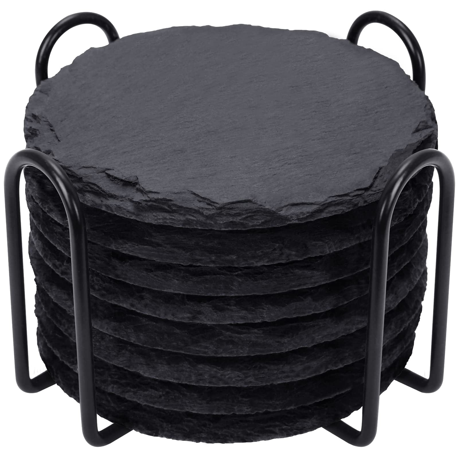 Black Round Slate Drink Coasters with Metal Holder, Set of 8