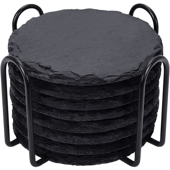 Slate Drink Coasters with Metal Holder, GOH DODD Set of 8 Black Coasters, 4 Inch Stone Coaster Set Coffee Table Decor Tabletop Protection for Home
