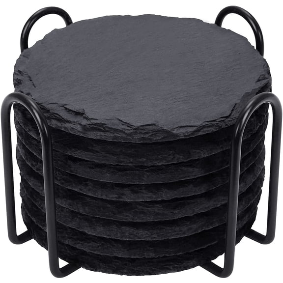Slate Drink Coasters with Metal Holder, GOH DODD Set of 8 Black Coasters, 4 Inch Stone Coaster Set Coffee Table Decor Tabletop Protection for Home