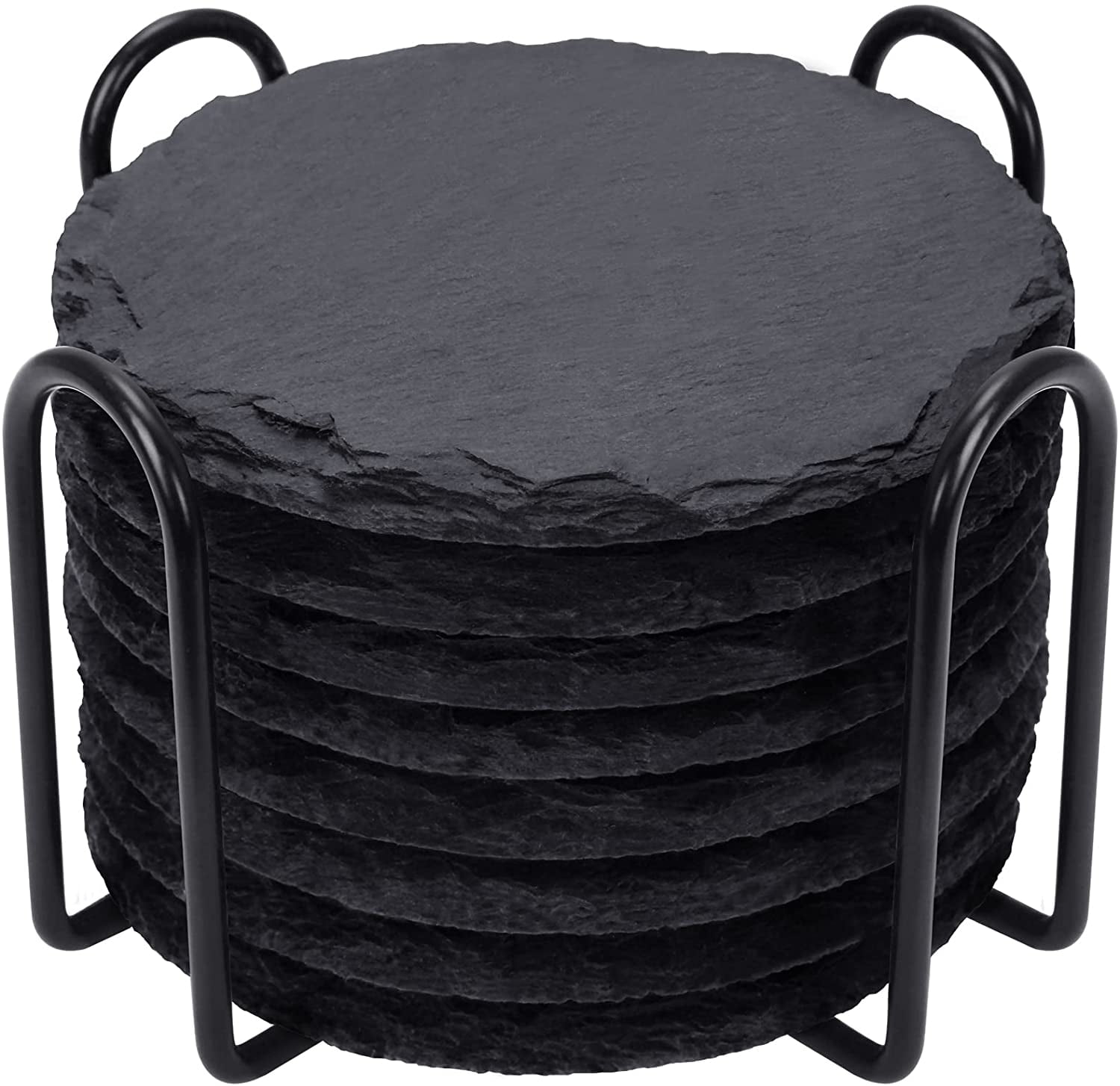 Black Round Slate Drink Coasters with Metal Holder, Set of 8