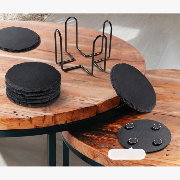 Slate Drink Coasters with Metal Holder, Set of 8 Black Coasters, Stone Coaster Set for Tabletop Protection, Home Kitchen Bar Decor, Round