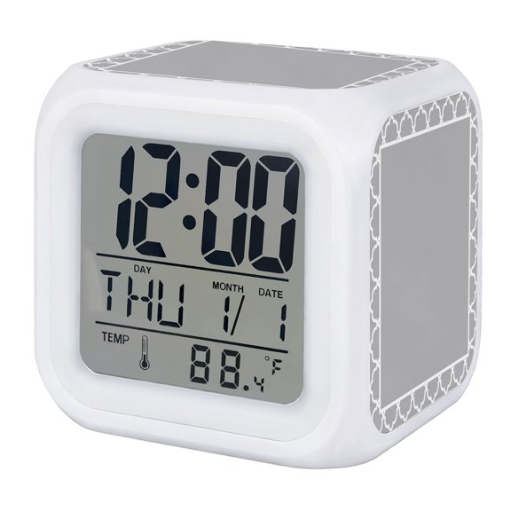 Slate Gray Alarm Clock, Geometric Morocco Printed Border Modern Rustic Grey Digital Clock Night Light with 7 Color, Calendar Temperature Display, LED Desk Small Clock for Bedrooms Bedside Living Room