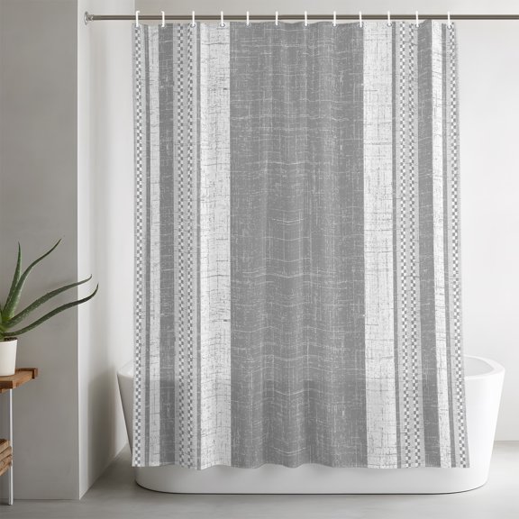 Slate Gray Bathroom Shower Curtain, Minimalist Rustic White Stripe Fiber Linen Texture Waterproof Washable Soft Bath Curtain for Bathtub Decor with 12 Hooks&Grommet, 36x72in