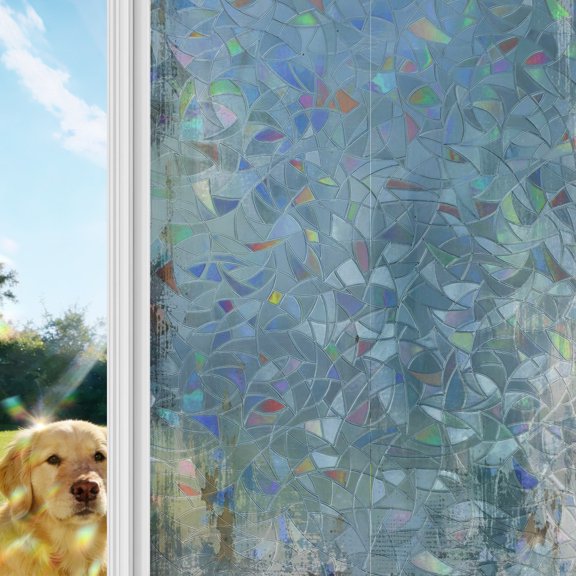 Slate Gray Blue Rainbow Window Privacy Film, Minimalist Abstract Art Brushstrokes Scraped Edges Stained Glass Window Film, Sun Blocking Static Cling Non Adhesive Door Stickers 17.7 x 39.3 Inches