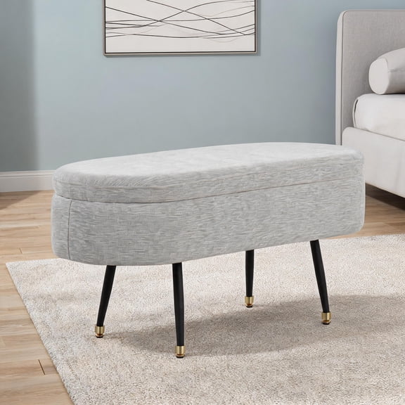 Slate Gray Contemporary Mid-Century 2-Seater Flip Top Storage Bench with Fabric Upholstery and Black Metal Frame