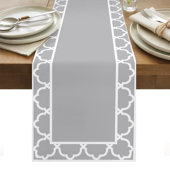 Slate Gray Cotton Linen Table Runner Geometric Morocco Printed Border Modern Rustic Grey Dining Table Runners for Home Decor Party Dining Room Restaurant Kitchen Party 13" x 48"