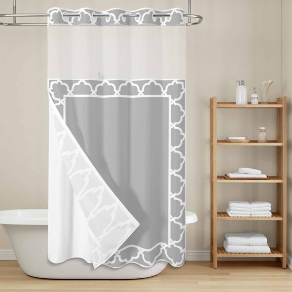 Slate Gray No Hook Shower Curtain with Snap in Liner, Geometric Morocco Printed Border Modern Rustic Grey Waterproof Shower Curtains with See Through Top Window Liner for Bathroom, 36x78 Inches
