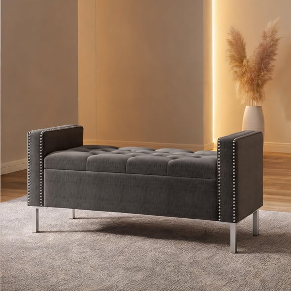 Slate Gray Plush Polyester Velvet Flip Top Storage Bench Ottoman for Extra Seating and Storage, Contemporary Transitional Style