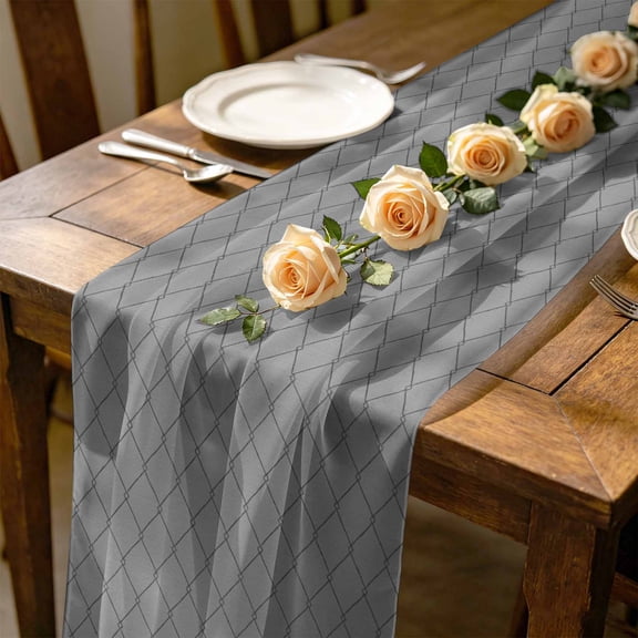 Slate Gray Quilted Lines 10 ft Cheesecloth Table Runner for Wedding 27"x120", Minimalist Rhombus Pattern Diamond Grid Kitchen Dinner Sheer Tulle Chiffon Dresser Scarf, Holiday Party Decorations