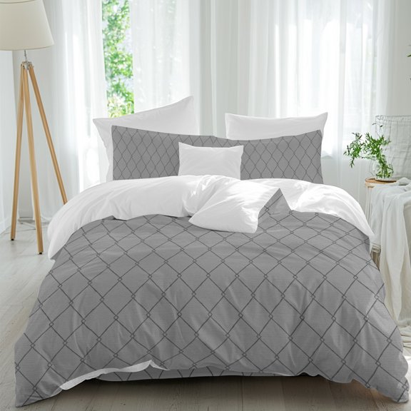 Slate Gray Quilted Lines Queen Duvet Cover Set, Minimalist Rhombus Pattern Diamond Grid 4 Piece Microfiber Bedding Set with Zipper Closure, Bed Sheet and 2 Pillow Shams, Soft Bedding Cover