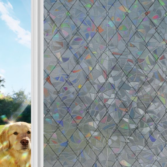 Slate Gray Quilted Lines Rainbow Window Privacy Film, Minimalist Rhombus Pattern Diamond Grid Stained Glass Window Film, Sun Blocking Glass Clings Non Adhesive Door Stickers 17.7 x 39.3 Inches