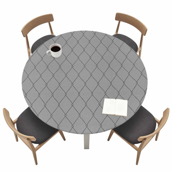 Slate Gray Quilted Lines Round Fitted Table Cover Minimalist Rhombus Pattern Diamond Grid Waterproof Table Cloth with Elastic Edge Wipeable Tablecloth for Picnic Camping Party Fits 36"-44" Tables