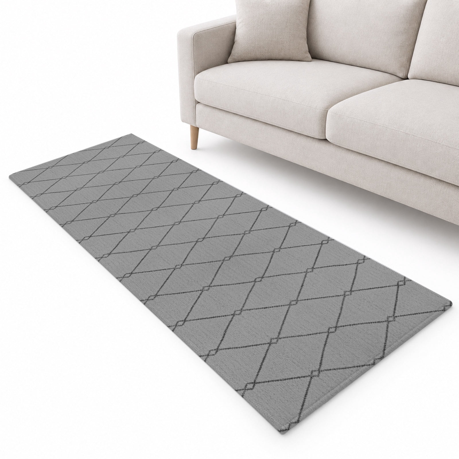 Slate Gray Quilted Lines Runner Rug 2.6'x12', Minimalist Rhombus ...
