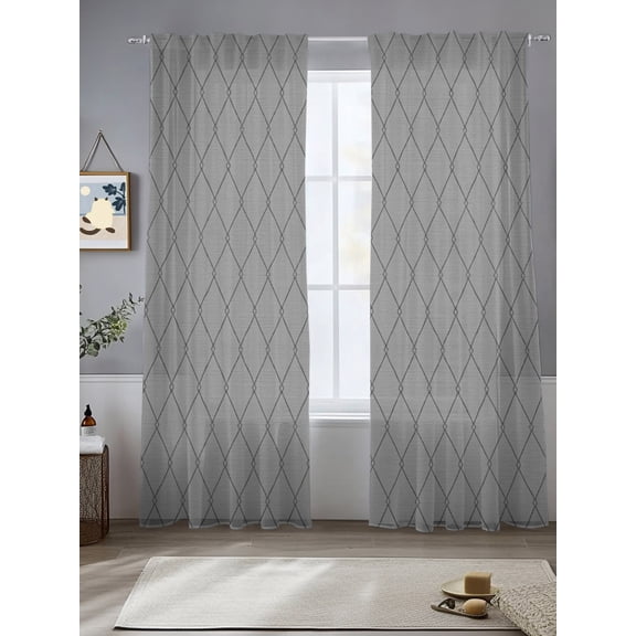 Slate Gray Quilted Lines Sheer Curtains 108 inches Long, Minimalist Rhombus Pattern Diamond Grid Light Filtering Sheer Window Curtains Rod Pocket Voile Drapes for Bedroom Living Room, 2 Panels