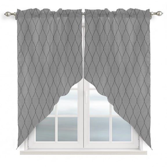 Slate Gray Quilted Lines Swag Valances for Windows 2 Pack Minimalist Rhombus Pattern Diamond Grid Swag Kitchen Curtains 36 Inches Long Rod Pocket Short Window Treatment for Kitchen Bathroom 28"x36"