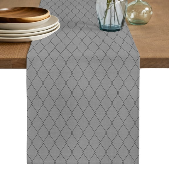 Slate Gray Quilted Lines Table Runner, Minimalist Rhombus Pattern Diamond Grid Cotton Linen Table Cloth, Tablerunner for Kitchen Dining Party Wedding Home Decor 13x36 Inch