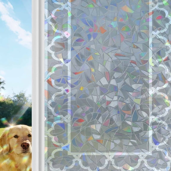 Slate Gray Rainbow Window Privacy Film, Geometric Morocco Printed Border Modern Rustic Grey Stained Glass Window Film, Sun Blocking Glass Clings Non Adhesive Door Stickers 17.7 x 39.3 Inches