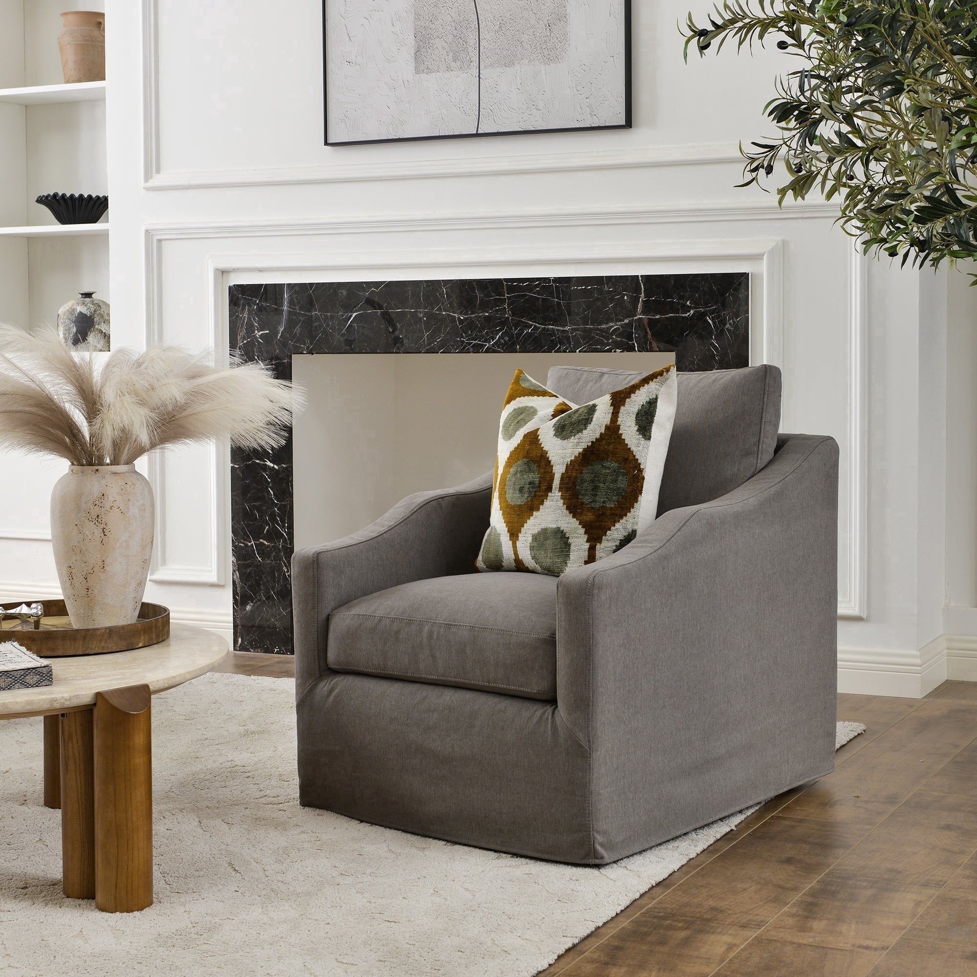 Slate Gray Slipcovered Swivel Barrel Accent Chair with Removable