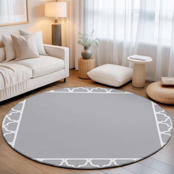 Slate Gray Small Round Rug 3Ft Geometric Morocco Printed Border Modern Rustic Grey Area Rugs Washable Non Slip Indoor Floor Mats Circle Carpet for Living Room Bedroom Dining Room Home Decor