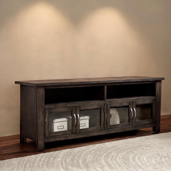 Slate Gray Solid Wood TV Console Base - 60-Inch Entertainment Stand with Dual Cabinet, Tempered Glass Doors, and Open Shelves, Transitional Style