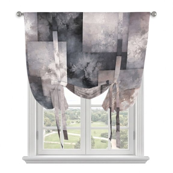 Slate Gray Squares Tie Up Balloon Window Curtain 34W x 45L Inch, Abstract Color Blocks Industrial Ink Bleeds Rod Pocket Adjustable Tie Up Curtains Small Kitchen Sink Curtains for Cafe Bedroom