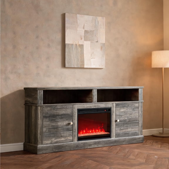 Slate Gray Walnut Finish 70-Inch TV Stand Console with Built-In Electric Fireplace Heater for Living Room Entertainment