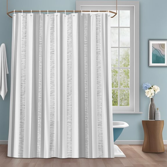 Slate Gray White Stripe Shower Curtain with Hooks, Modern Minimalist Geometric Vertical Bands Water Repellent Shower Curtains for Bathroom Decor Sturdy Shower Curtain, Machine Washable 54x78 Inch