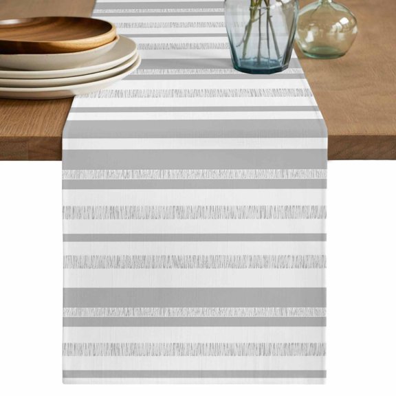 Slate Gray White Stripe Table Runner, Modern Minimalist Geometric Vertical Bands Cotton Linen Table Cloth, Tablerunner for Kitchen Dining Party Wedding Home Decor 13x36 Inch