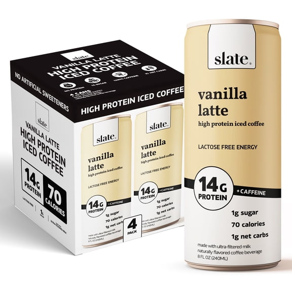 Slate Milk Vanilla Latte, High Protein Iced Coffee, 14g Protein, 8 fl oz Can, 4 Pack, Ready to Drink