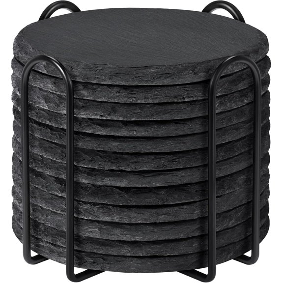 Slate with Holder, 4 Inch Coaster Set of 12 Round Black Slate Stone DIY with Anti-Scratch Backing for Halloween Christmas, Bar, Kitchen, Home Decor, Gifts for Mom, Dad