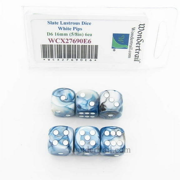 Slate Lustrous Dice with White Pips 16mm (5/8in) D6 Set of 6 Wondertrail