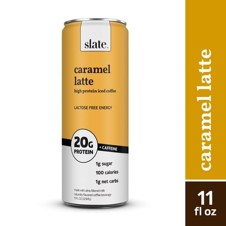 Slate Milk Caramel Latte, High Protein Iced Coffee, 20g Protein, 11 fl oz Can, Ready to Drink