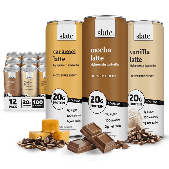 Slate Milk - High Protein Iced Coffee - Energy Variety Pack - 175mg Caffeine - 20g Protein, 1g Sugar, 100 Calories - 11 fl oz, 12 Cans