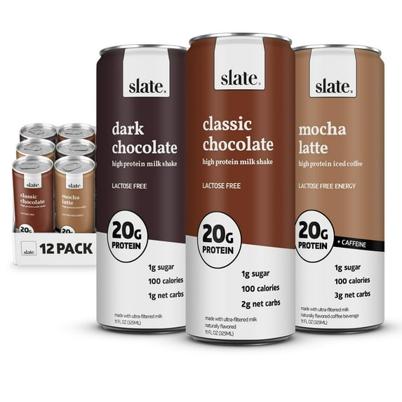 Slate Milk - High Protein Milk Shake - Chocolate Variety Pack - 20g Protein, 1g Sugar, 100 Calories - 11 fl oz, 12 Cans