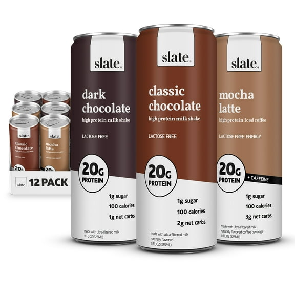 Slate Milk - High Protein Milk Shake - Chocolate Variety Pack - 20g Protein, 1g Sugar, 100 Calories - 11 fl oz, 12 Cans