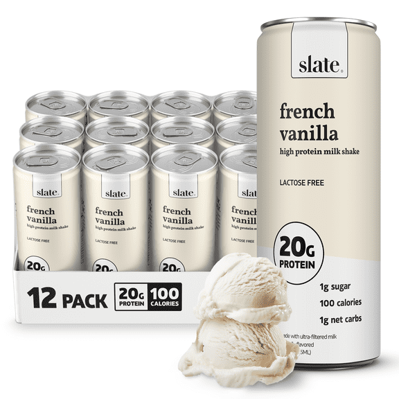 Slate Milk - High Protein Milk Shake - French Vanilla - 20g Protein, 1g Sugar, 100 Calories - 11 fl oz, 12 Cans
