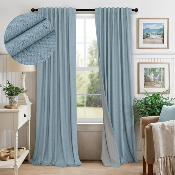 Slate Stone Blue Linen Blackout Curtains 90" Long, Thermal Insulated Energy Efficient Drapes, Back Tab/Rod Pocket, 2 Panels