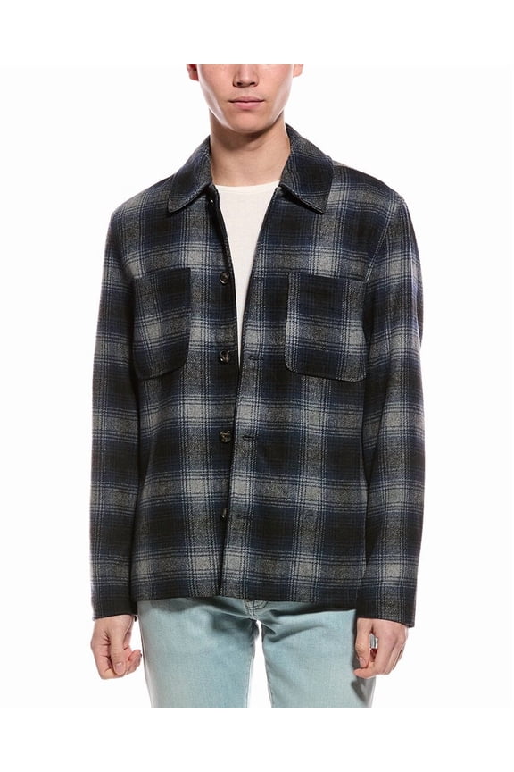 mens  Plaid Wool-Blend Shirt Jacket, m, Blue