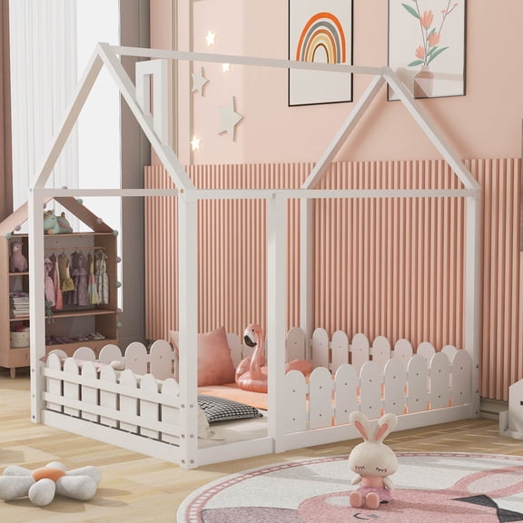 (Slats are not included) Full Size Wood Bed House Bed Frame with Fence,for ,Teens,Girls,Boys (White )(OLD SKU:WF281294AAK)